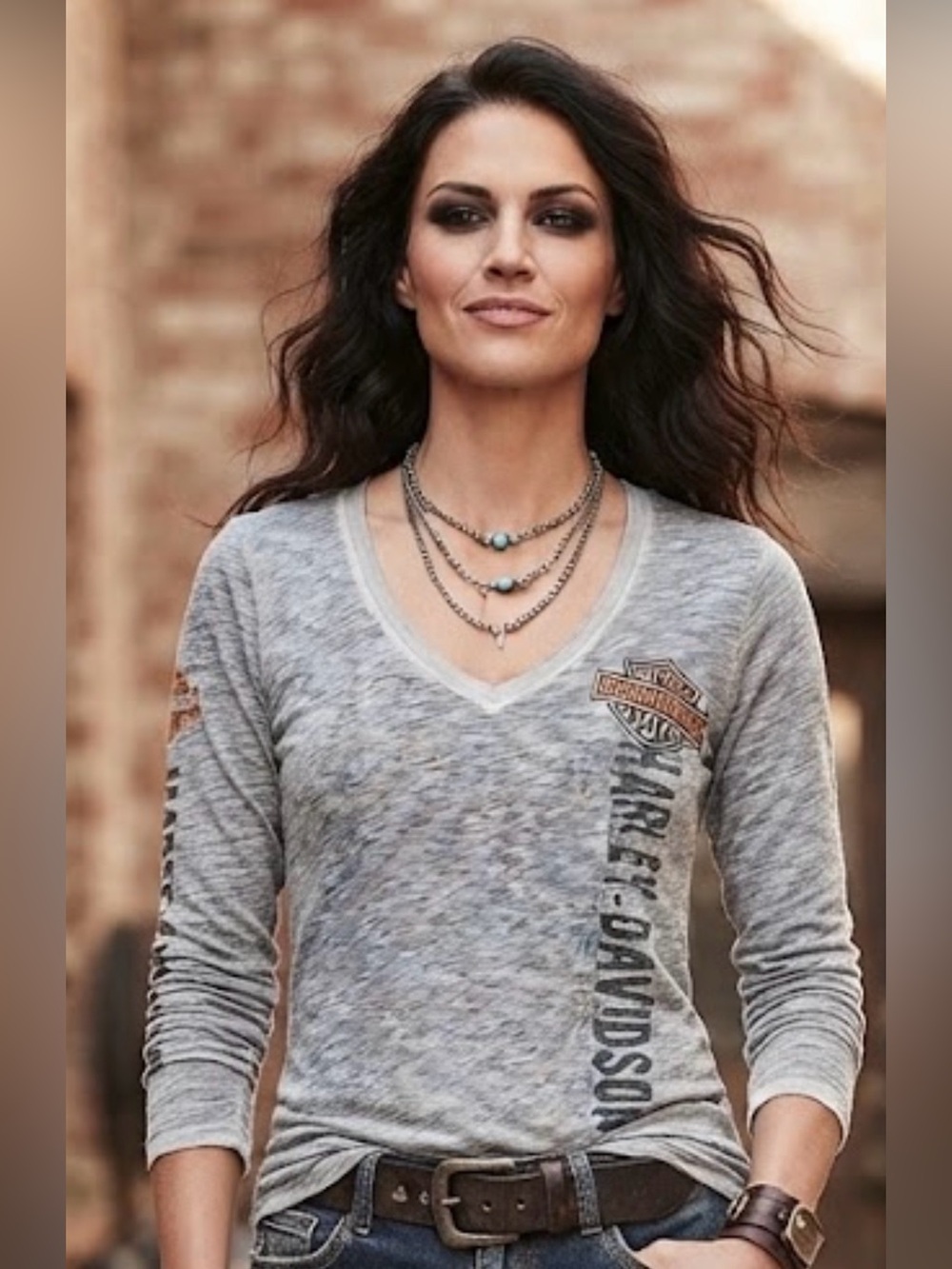 Harley-Davidson Light Gray V-Neck Long Sleeve Tee with Logo
